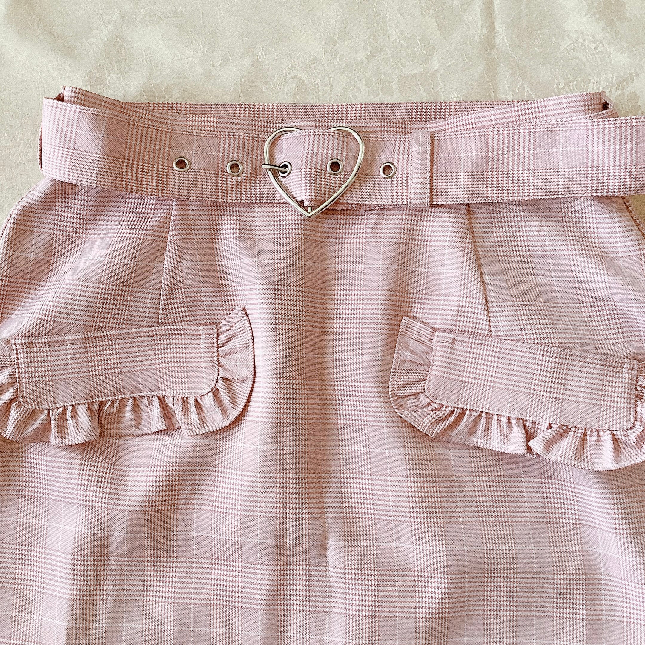 Ank Rouge Pink Glen Check Heart Belted Skirt