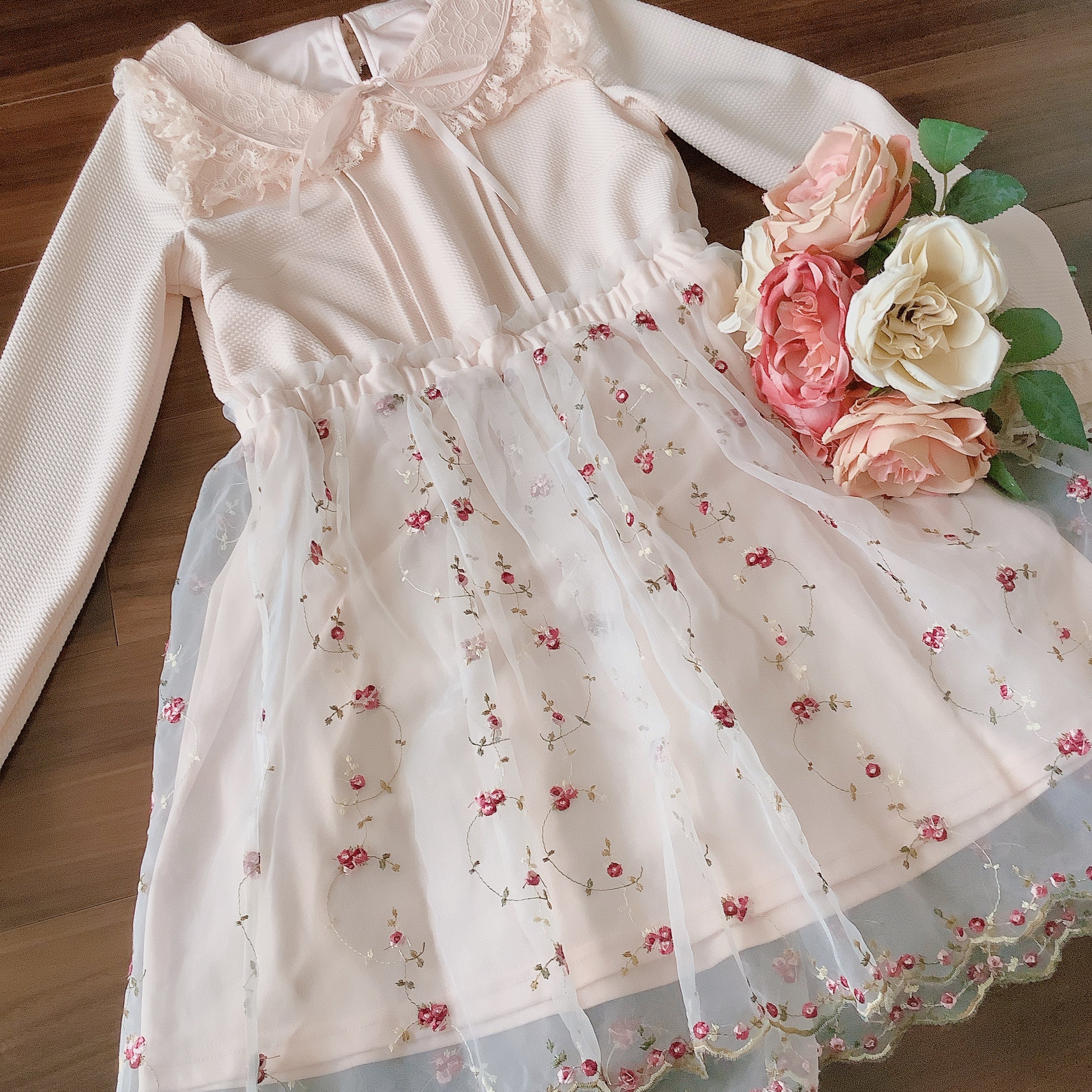 LIZ LISA Rose Embroidered Tulle Skirt Dress