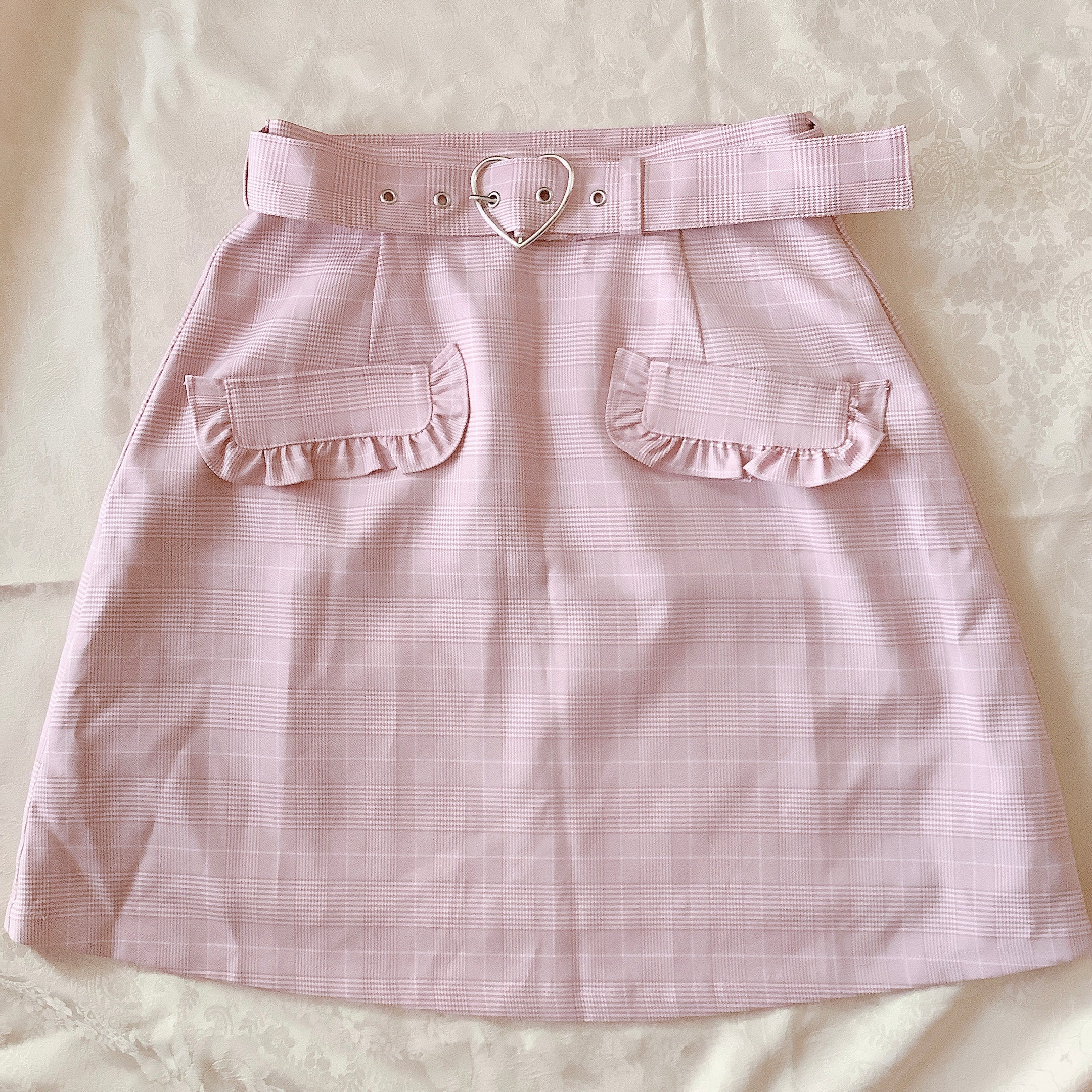 Ank Rouge Pink Glen Check Heart Belted Skirt