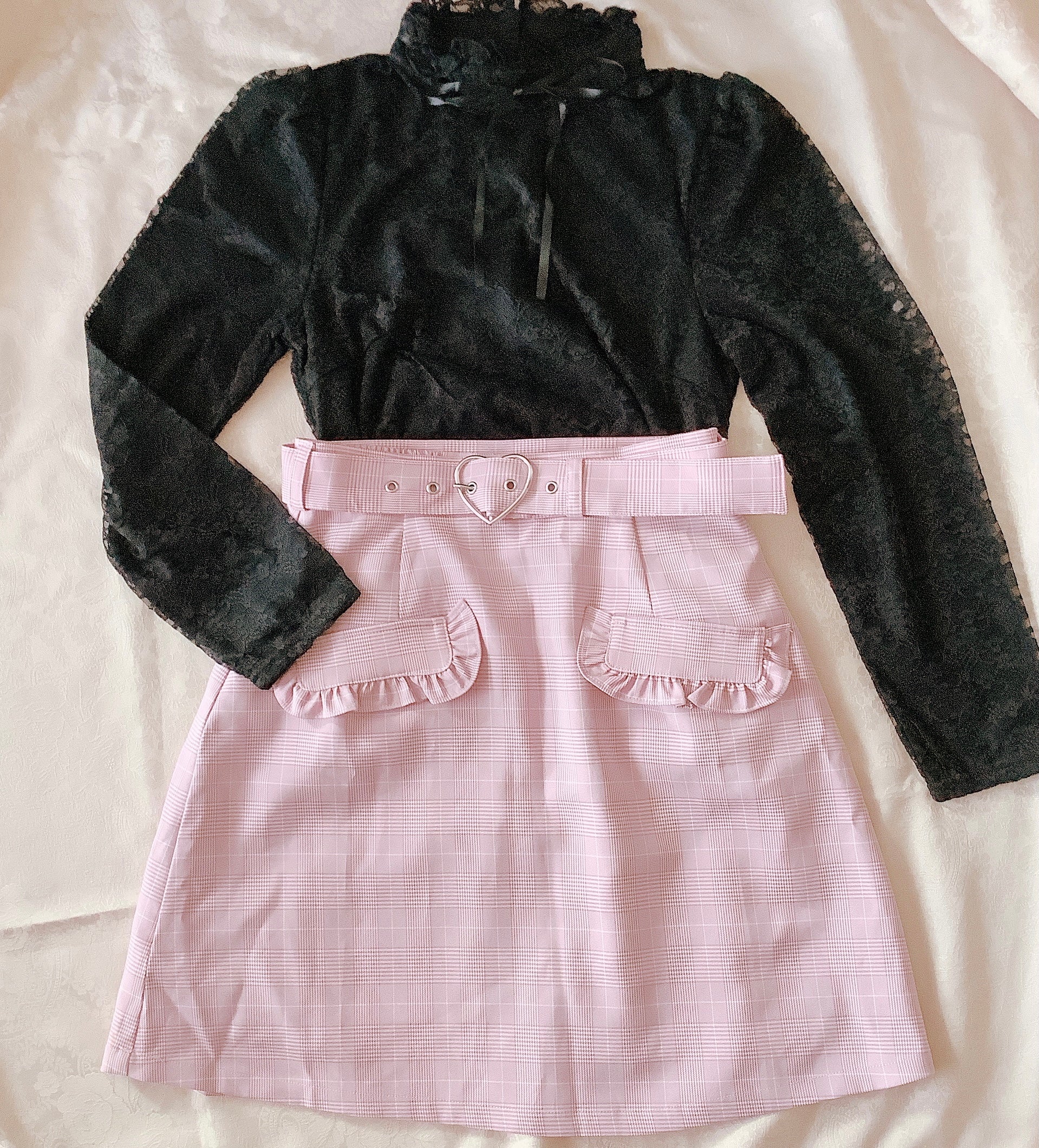 Ank Rouge Pink Glen Check Heart Belted Skirt