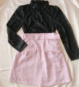 Ank Rouge Pink Glen Check Heart Belted Skirt