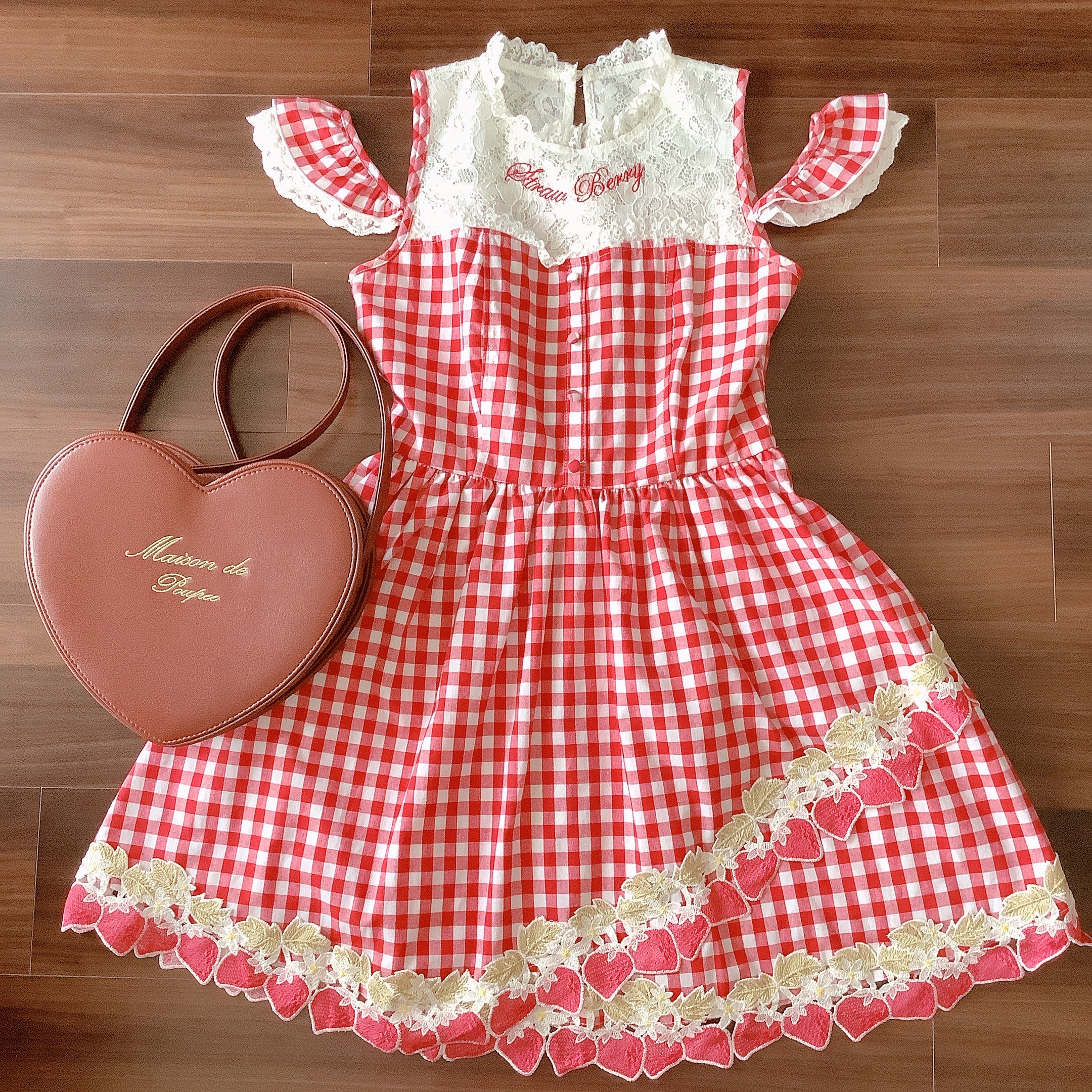 LIZ LISA Strawberry Red Gingham Check Off-Shoulder Dress