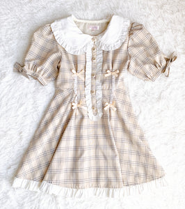 Bobon21 Check Collared Beige Dress