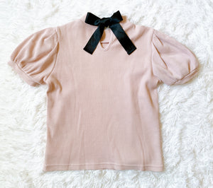 Ank Rouge Puff Sleeve Back Ribbon Tops (Pink)