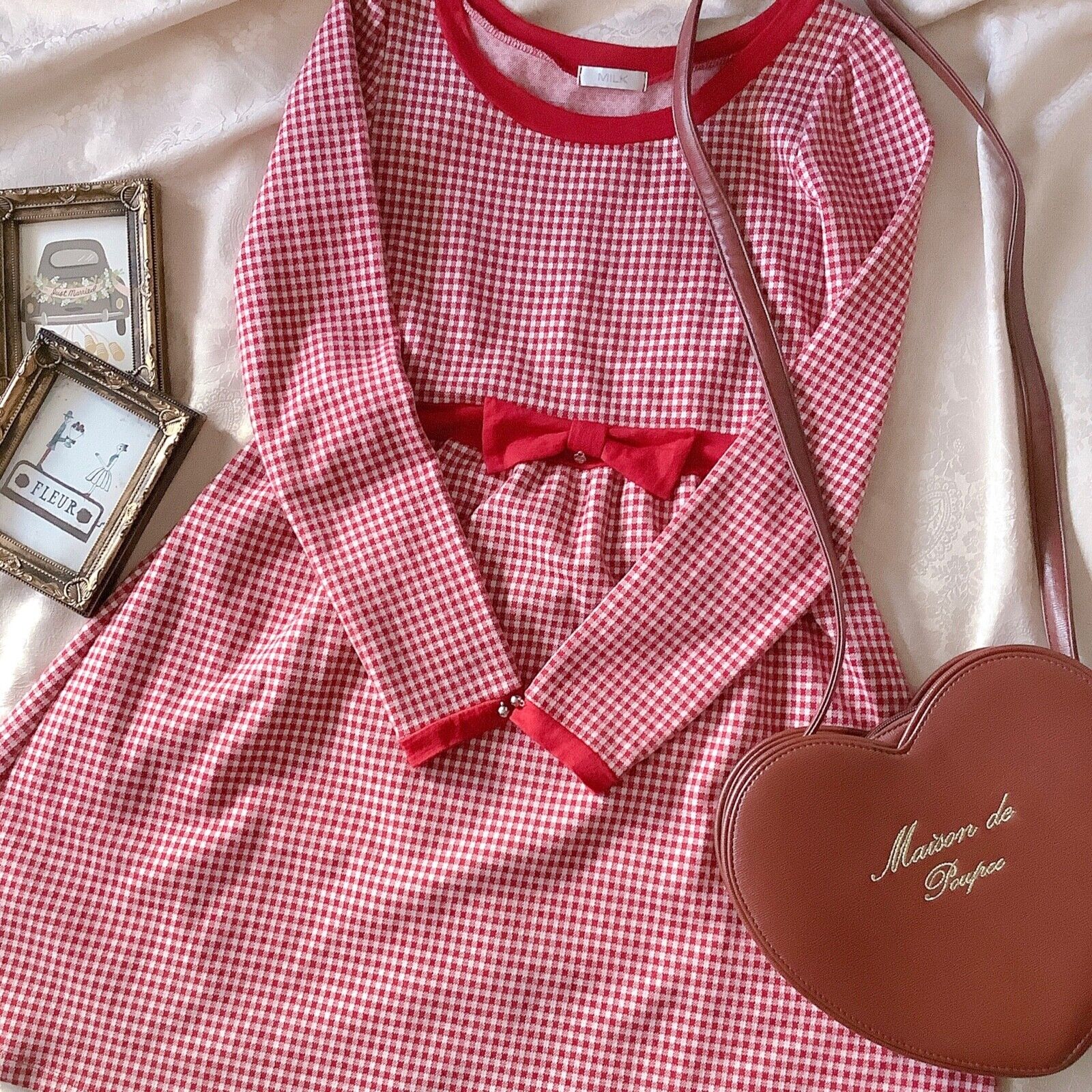 MILK Red Gingham Check Long Sleeve Wool Dress